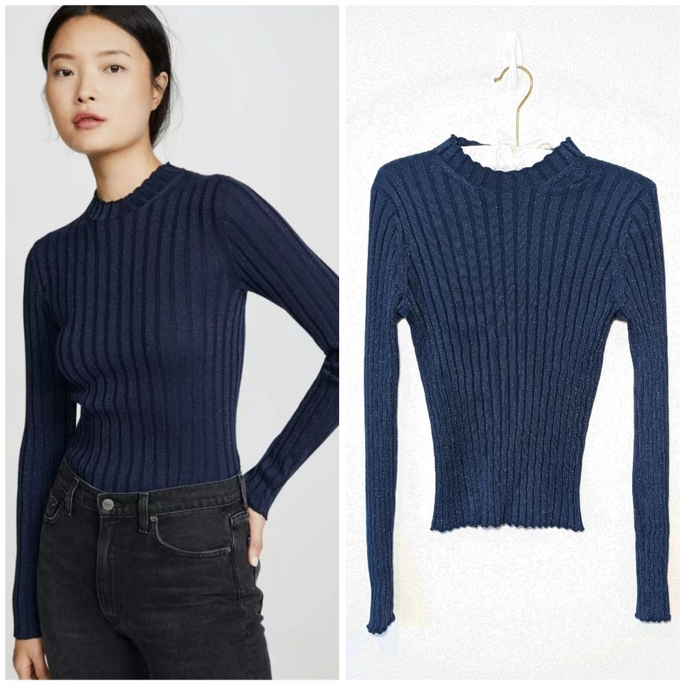 Vince Wool Ribbed Mock Neck Sweater in Blue - Picture 4 of 13